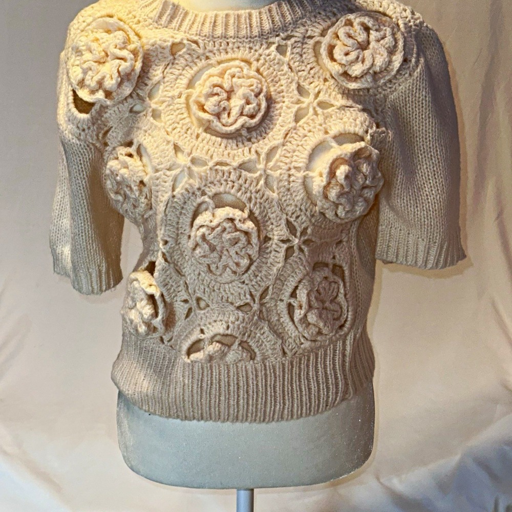 Debut Cream 3D Floral Open Crochet Sweater M/L Cottagecore Coquette Boho Knit